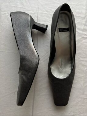 Stuart Weitzman Silver-Gray Square-Toe Kitten Heel Pumps